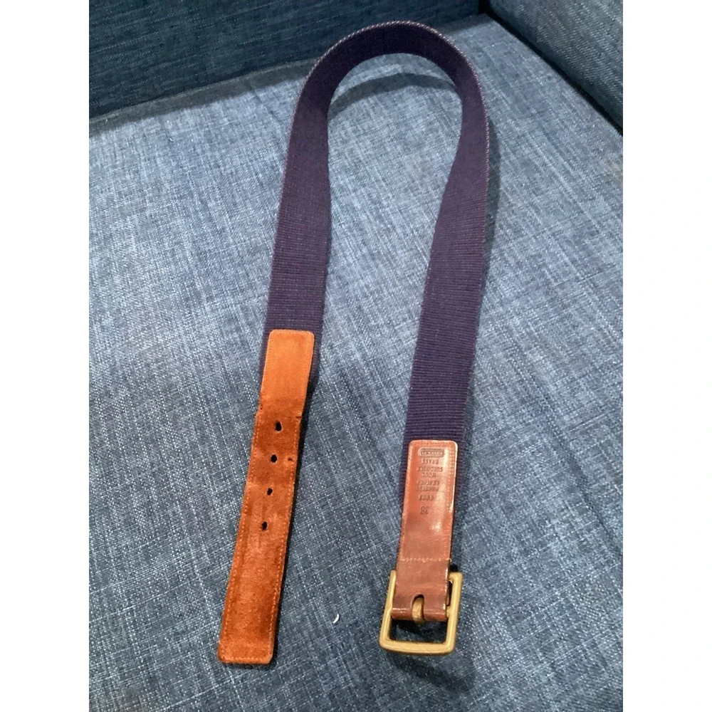 Coach Belt Womens Size 38 Wool Canvas  Leather Brass Buckle Blue Red EUC